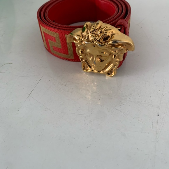 Versace First Line La Medusa La Greca Red/Gold Web Belt side 30/35 waist - Picture 1 of 3